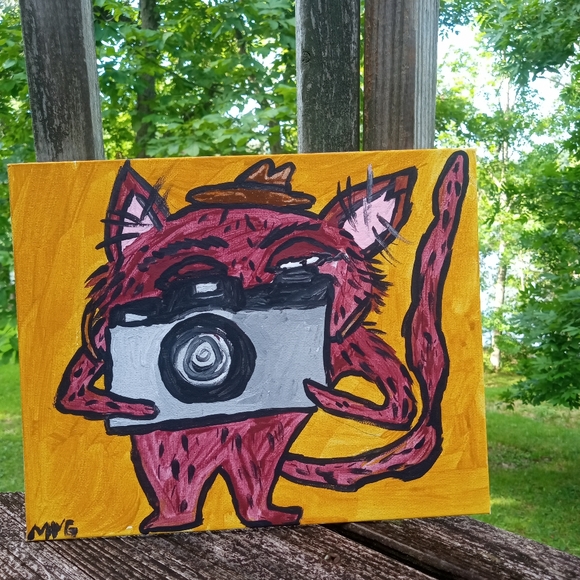 Cat Taking A Picture Painting Folk Art Home Whimsical Decor - Picture 2 of 6